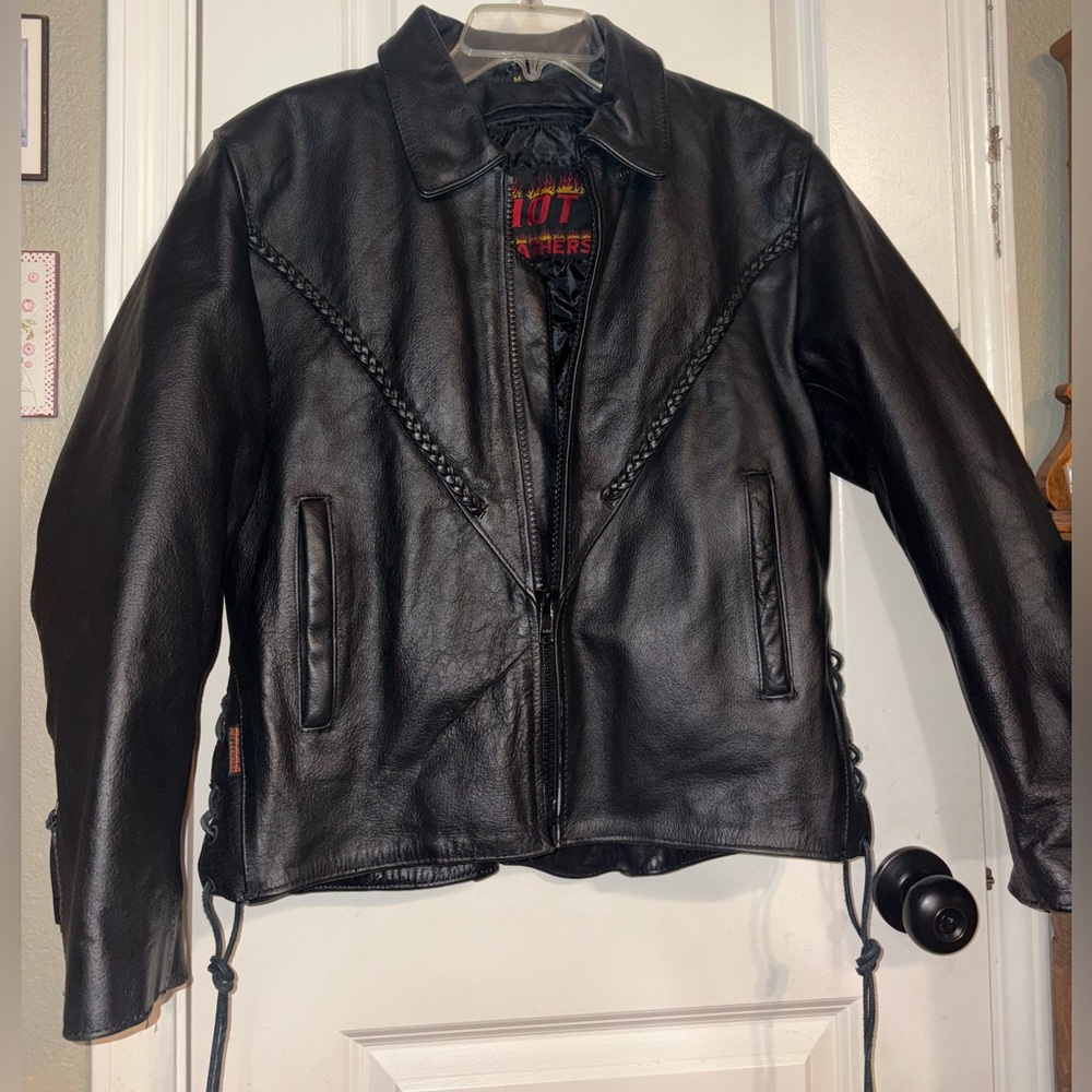 Hot Leathers Genuine Black Leather Motorcycle Jacket (M) + Vest (L) Set